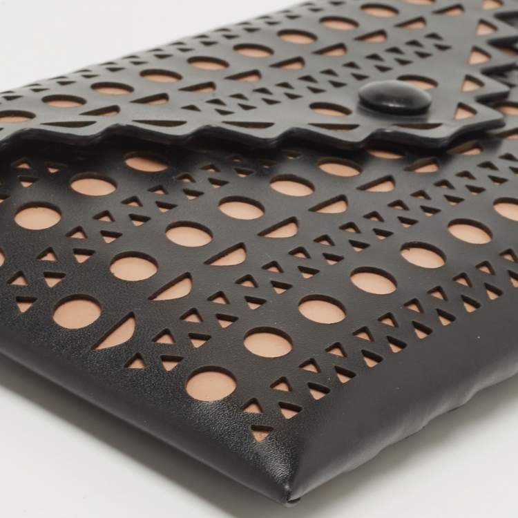 Pre Owned Alaia Black Lasercut Leather Envelope Clutch