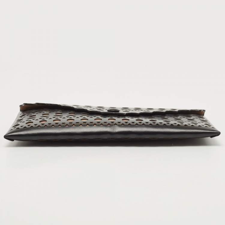 Pre Owned Alaia Black Lasercut Leather Envelope Clutch