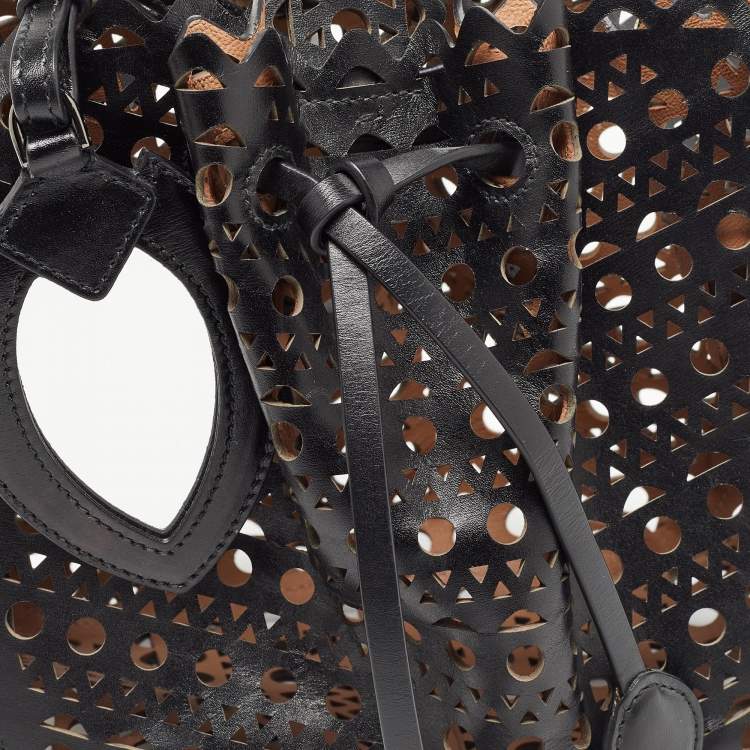 Pre Owned Alaia Black Laser Cut Leather Small Rose Marie Bucket Bag