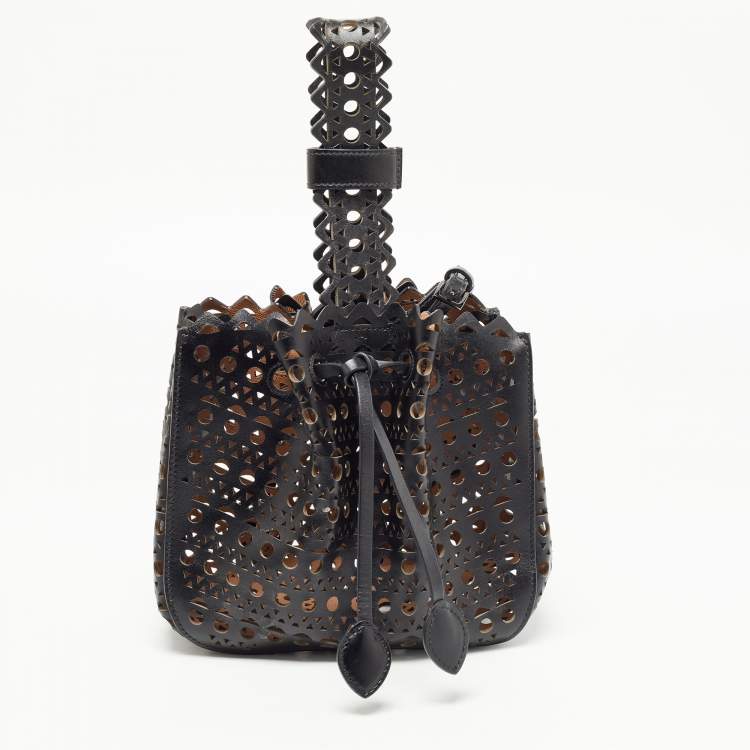 Pre Owned Alaia Black Laser Cut Leather Small Rose Marie Bucket Bag