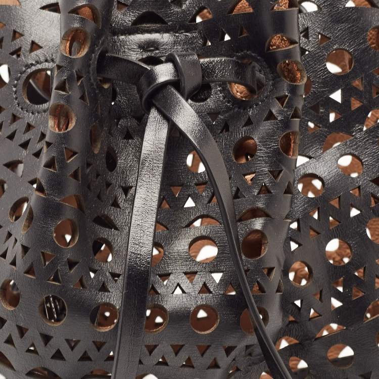 Pre Owned Alaia Black Laser Cut Leather Small Rose Marie Bucket Bag