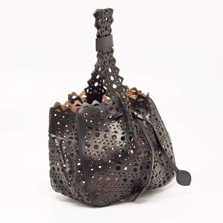 Pre Owned Alaia Black Laser Cut Leather Small Rose Marie Bucket Bag