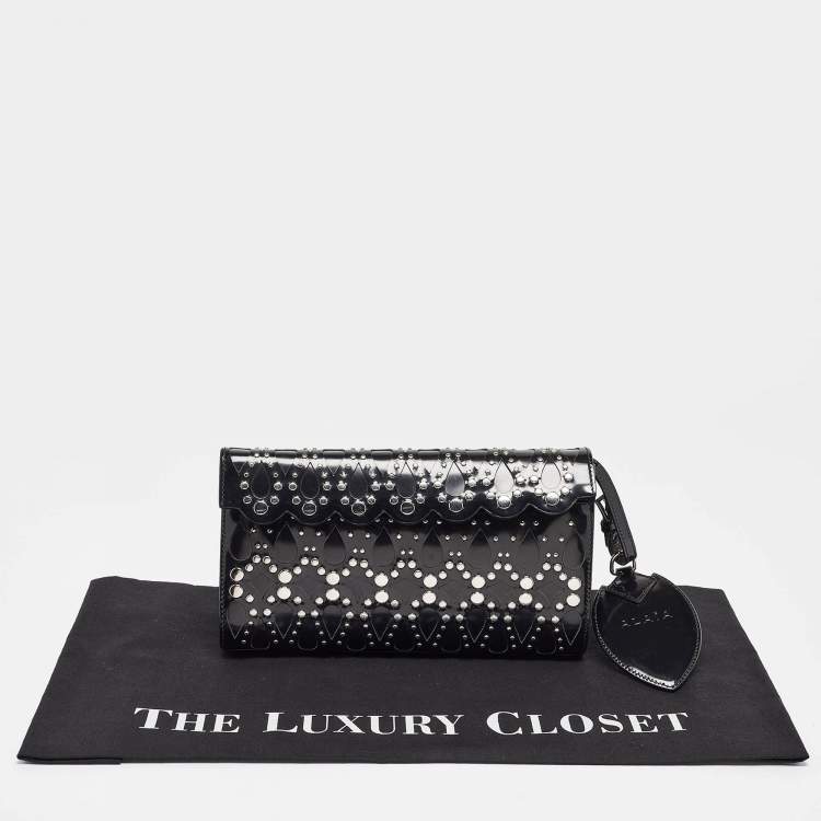 Pre Owned Alaia Black Patent Leather Studded Flap Clutch 