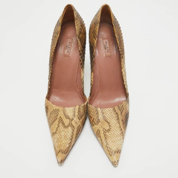 Pre Owned Alaia Beige/Brown Python Leather Pointed Toe Pumps Size 39