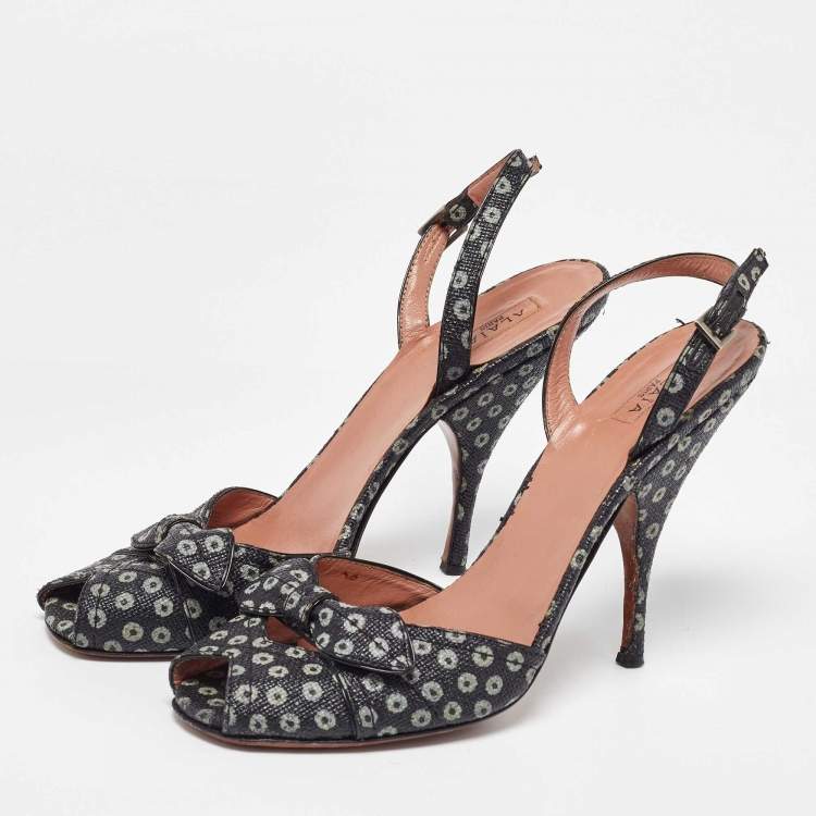 Pre Owned Alaia Black/White Print Raffia Bow Ankle Strap Sandals Size 38