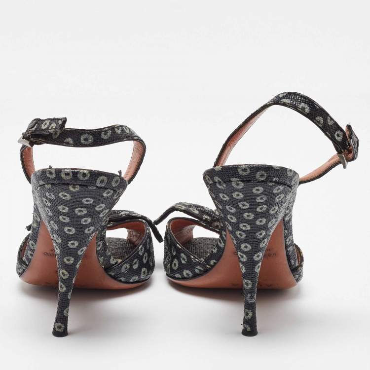 Pre Owned Alaia Black/White Print Raffia Bow Ankle Strap Sandals Size 38