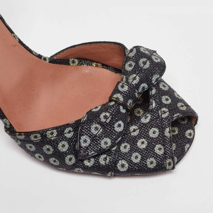 Pre Owned Alaia Black/White Print Raffia Bow Ankle Strap Sandals Size 38