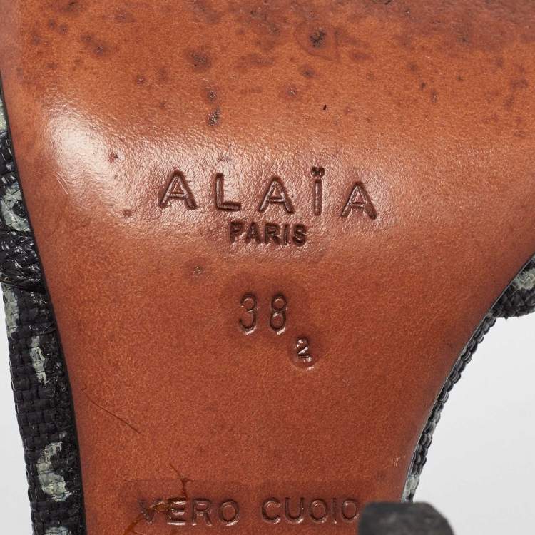 Pre Owned Alaia Black/White Print Raffia Bow Ankle Strap Sandals Size 38