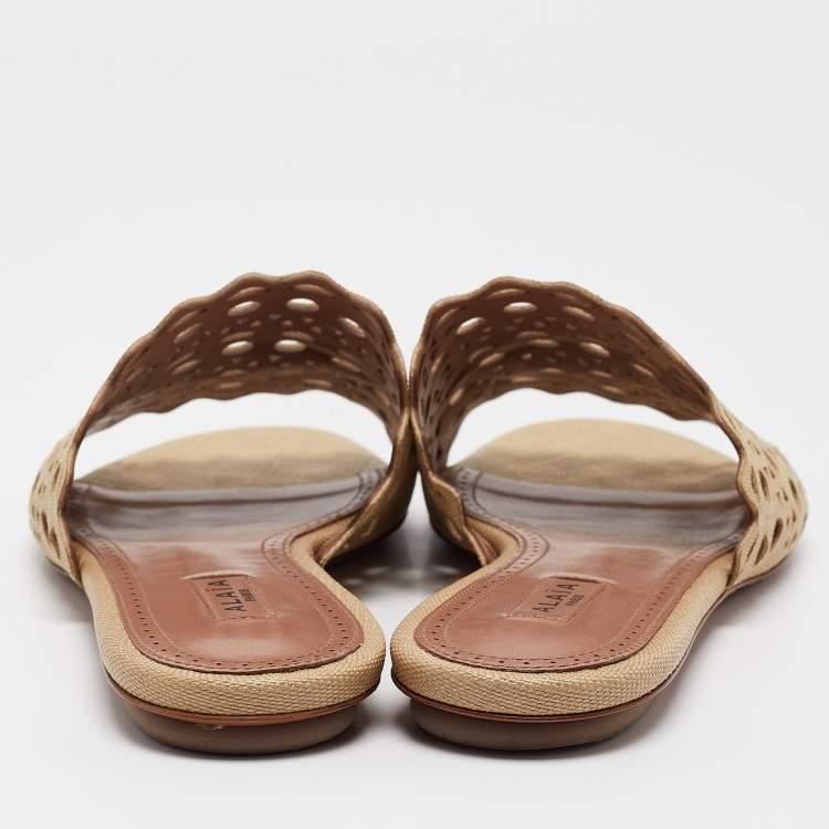 Pre Owned Alaia Beige Cutout Leather Flat Sandals Size 37