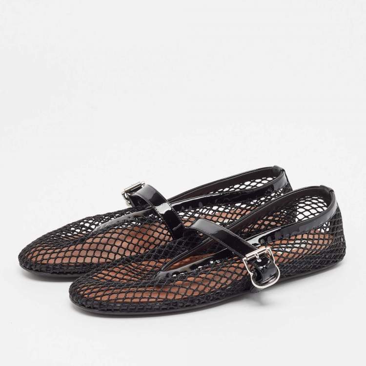 Pre Owned Alaia Black Fishnet and Patent Leather Ballet Flats Size 38