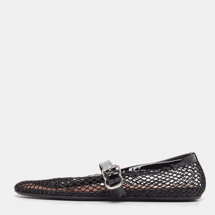 Pre Owned Alaia Black Fishnet and Patent Leather Ballet Flats Size 38