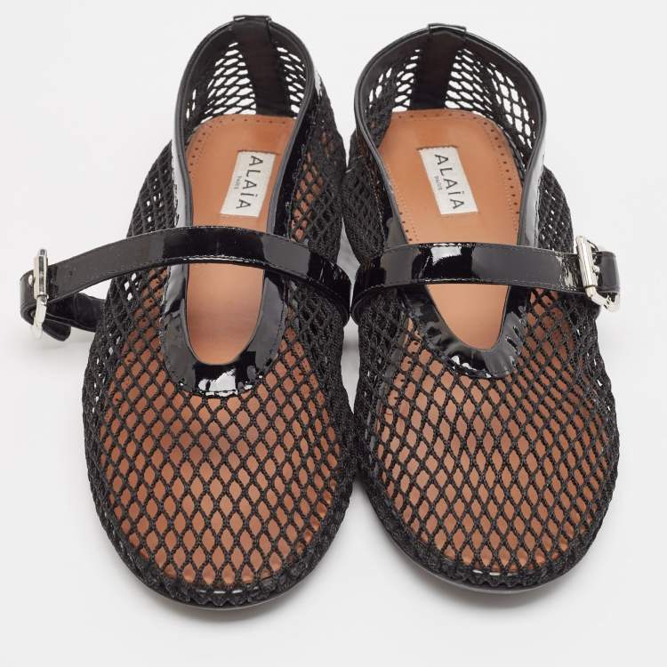 Pre Owned Alaia Black Mesh and Patent Leather Angele Ballet Flats Size 39