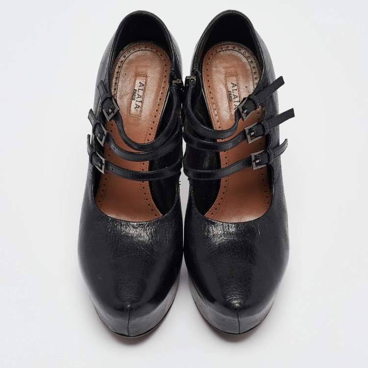 Pre Owned Alaia Black Leather Platform Mary Jane Pumps Size 38