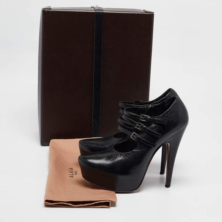 Pre Owned Alaia Black Leather Platform Mary Jane Pumps Size 38