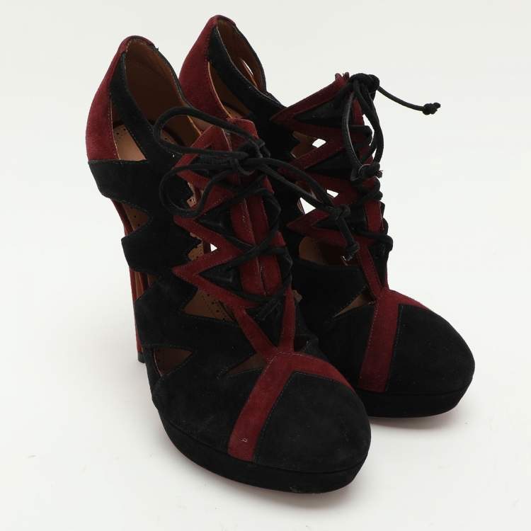 Pre Owned Alaia Burgundy/Black Suede Lace Up Booties Size 37