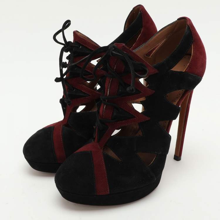Pre Owned Alaia Burgundy/Black Suede Lace Up Booties Size 37