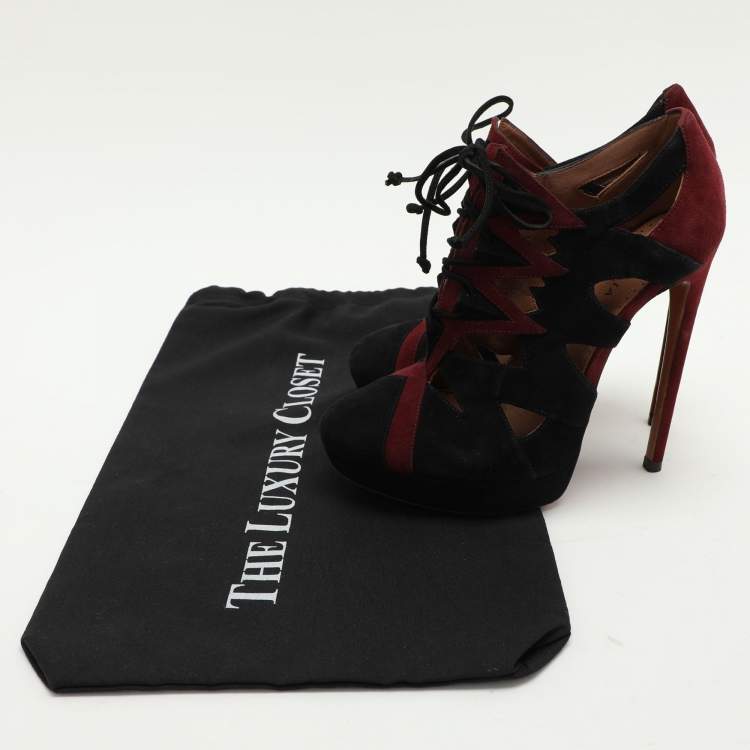 Pre Owned Alaia Burgundy/Black Suede Lace Up Booties Size 37
