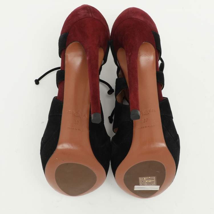 Pre Owned Alaia Burgundy/Black Suede Lace Up Booties Size 37