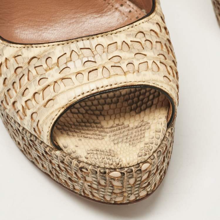 Pre Owned Alaia Beige/Grey Embossed Lizard Laser Cut Peep Toe Platform Pumps Size 38
