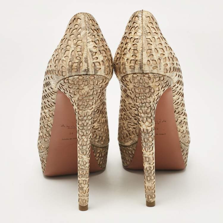 Pre Owned Alaia Beige/Grey Embossed Lizard Laser Cut Peep Toe Platform Pumps Size 38