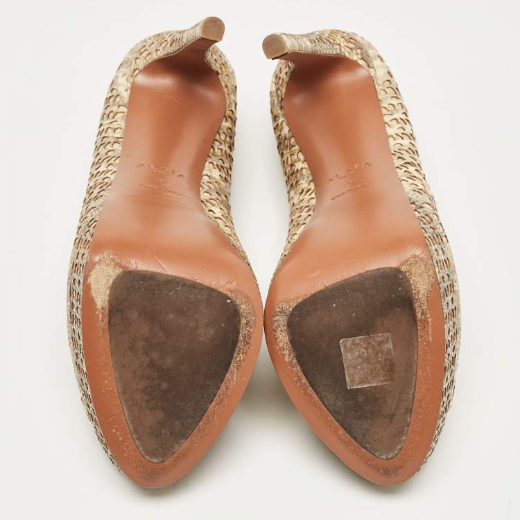 Pre Owned Alaia Beige/Grey Embossed Lizard Laser Cut Peep Toe Platform Pumps Size 38