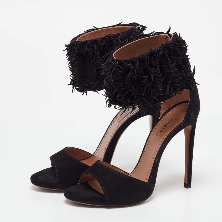 Pre Owned Alaia Black Suede Fringed Chamois Ankle Cuff Sandals Size 37