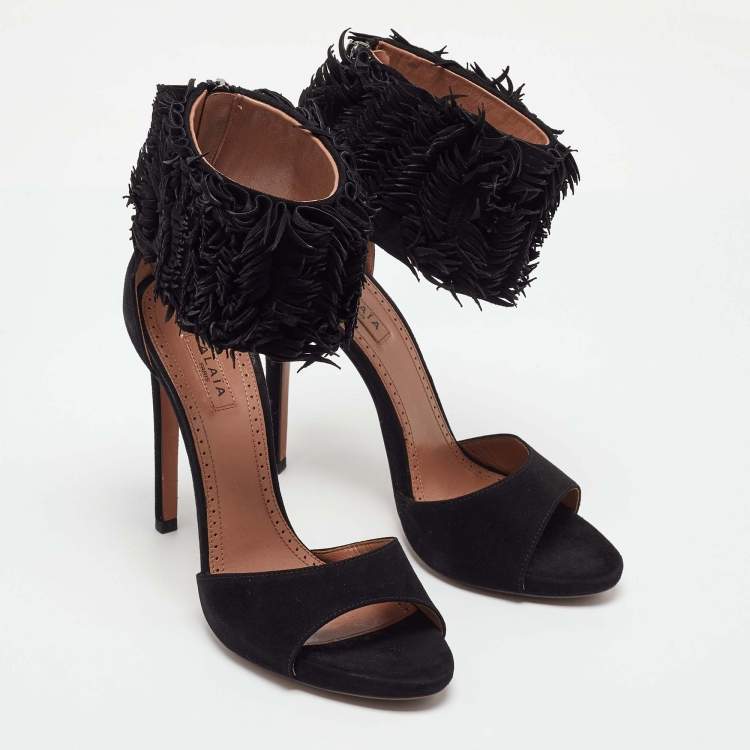 Pre Owned Alaia Black Suede Fringed Chamois Ankle Cuff Sandals Size 37