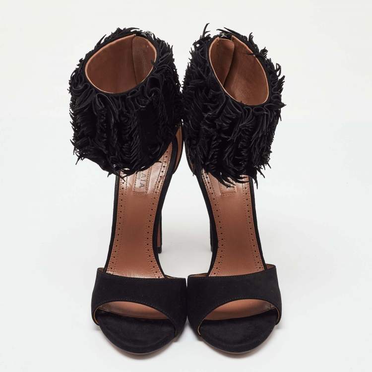 Pre Owned Alaia Black Suede Fringed Chamois Ankle Cuff Sandals Size 37