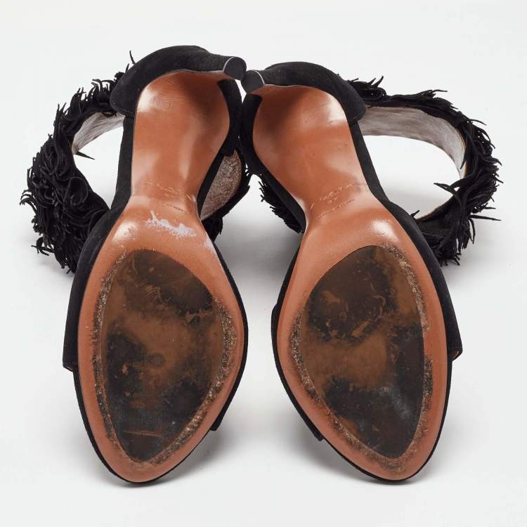 Pre Owned Alaia Black Suede Fringed Chamois Ankle Cuff Sandals Size 37