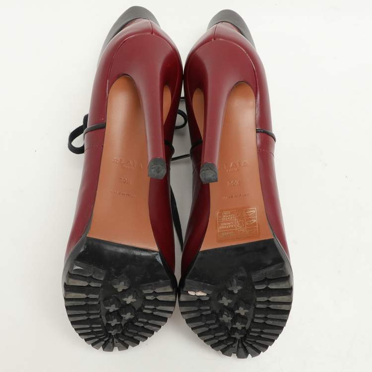 Pre Owned Alaia Burgundy Leather Lace Up Platform Booties Size 39.5
