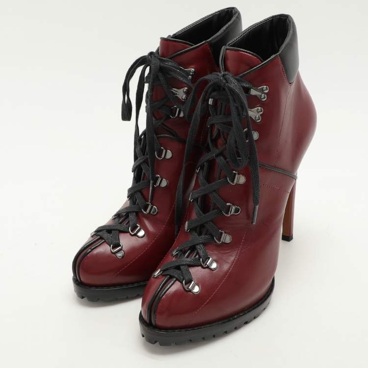 Pre Owned Alaia Burgundy Leather Lace Up Platform Booties Size 39.5