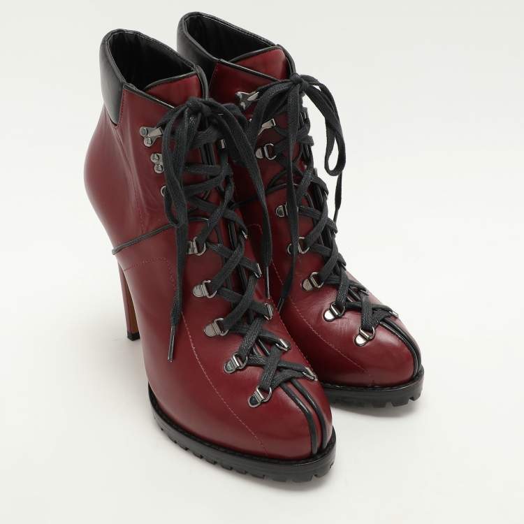 Pre Owned Alaia Burgundy Leather Lace Up Platform Booties Size 39.5