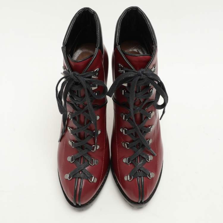 Pre Owned Alaia Burgundy Leather Lace Up Platform Booties Size 39.5