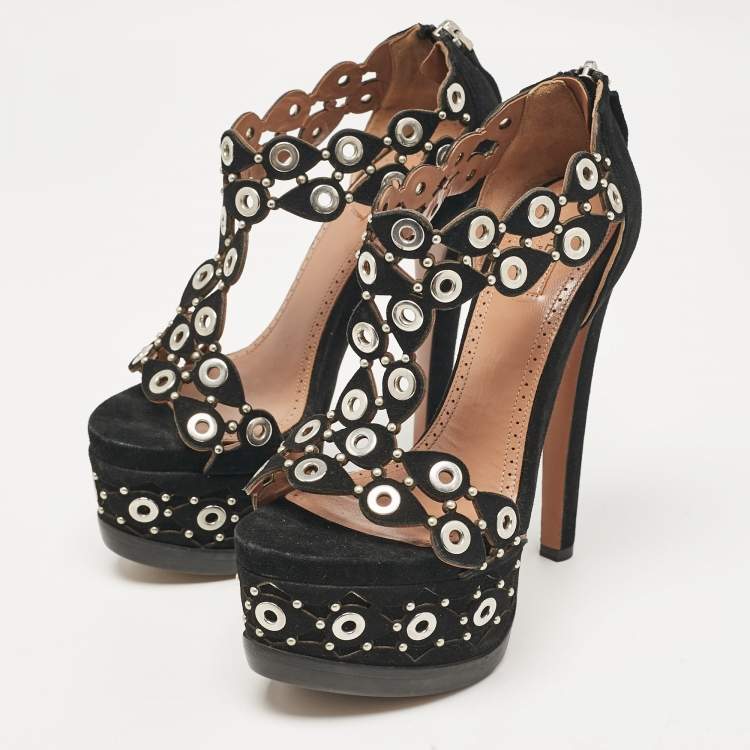 Pre Owned Alaia Black Suede Eyelet Studded Platform Sandals Size 36.5
