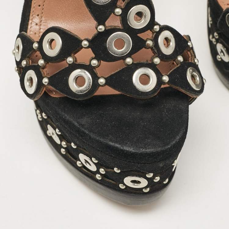 Pre Owned Alaia Black Suede Eyelet Studded Platform Sandals Size 36.5