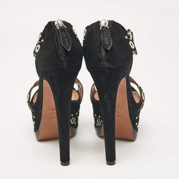 Pre Owned Alaia Black Suede Eyelet Studded Platform Sandals Size 36.5