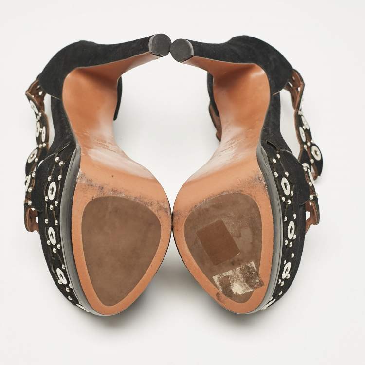 Pre Owned Alaia Black Suede Eyelet Studded Platform Sandals Size 36.5