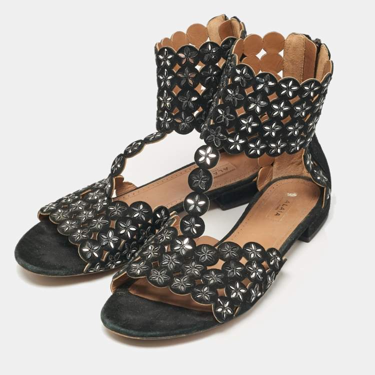 Pre Owned Alaia Black Laser Cut Suede Crystal Embellished Flat Sandals Size 40