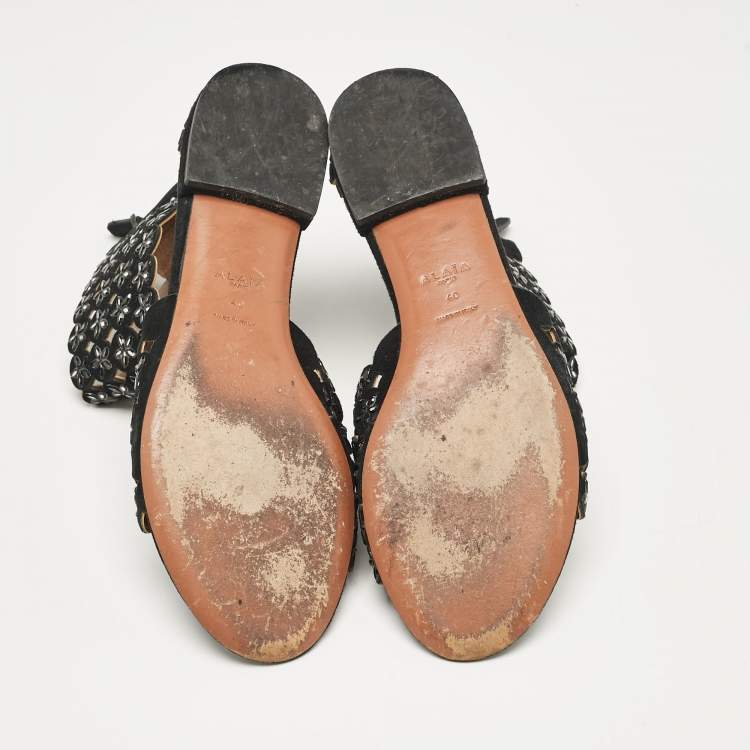 Pre Owned Alaia Black Laser Cut Suede Crystal Embellished Flat Sandals Size 40