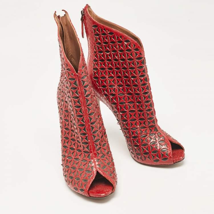 Pre Owned Alaia Red Laser Cut Python Peep Toe Booties Size 40