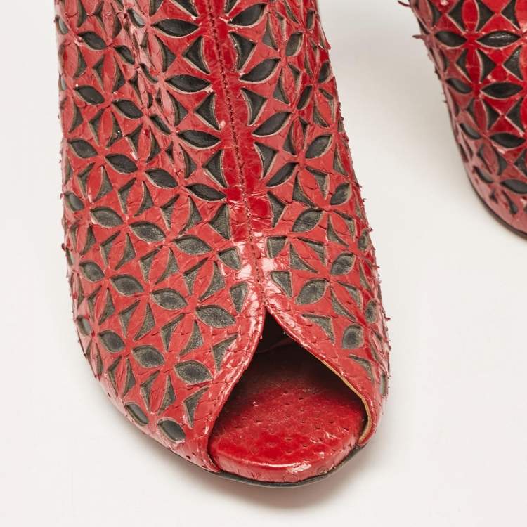 Pre Owned Alaia Red Laser Cut Python Peep Toe Booties Size 40