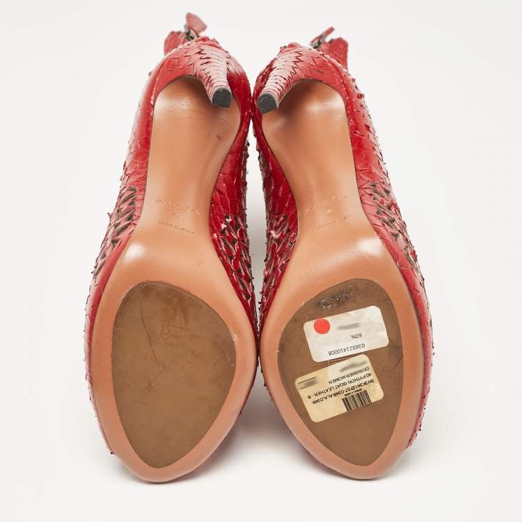 Pre Owned Alaia Red Laser Cut Python Peep Toe Booties Size 40