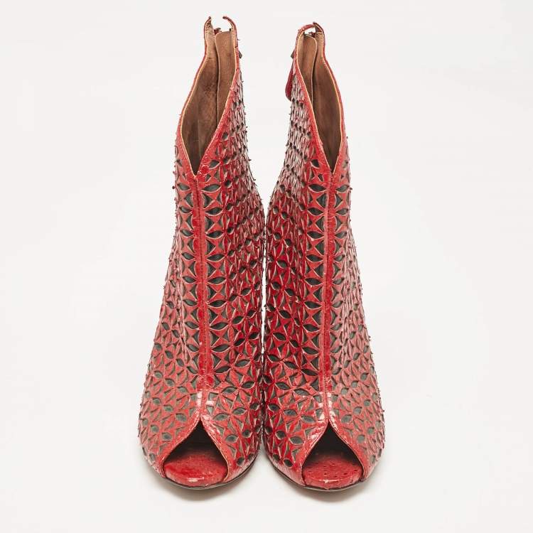 Pre Owned Alaia Red Laser Cut Python Peep Toe Booties Size 40