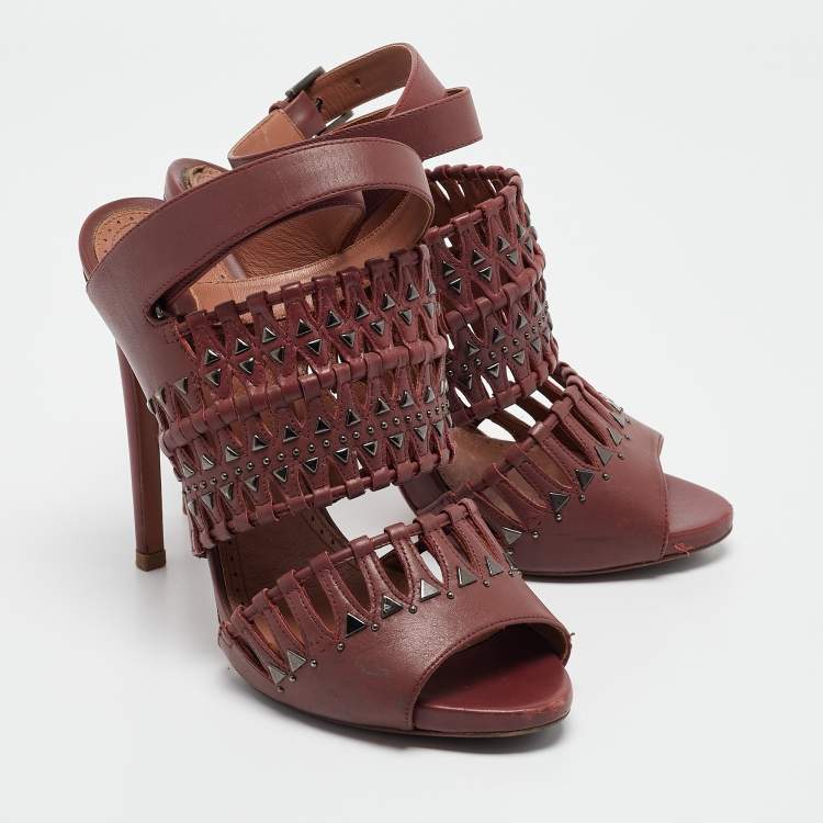 Pre Owned Alaia Burgundy Leather Studded and Laser Cut Ankle Strap Sandals Size 37