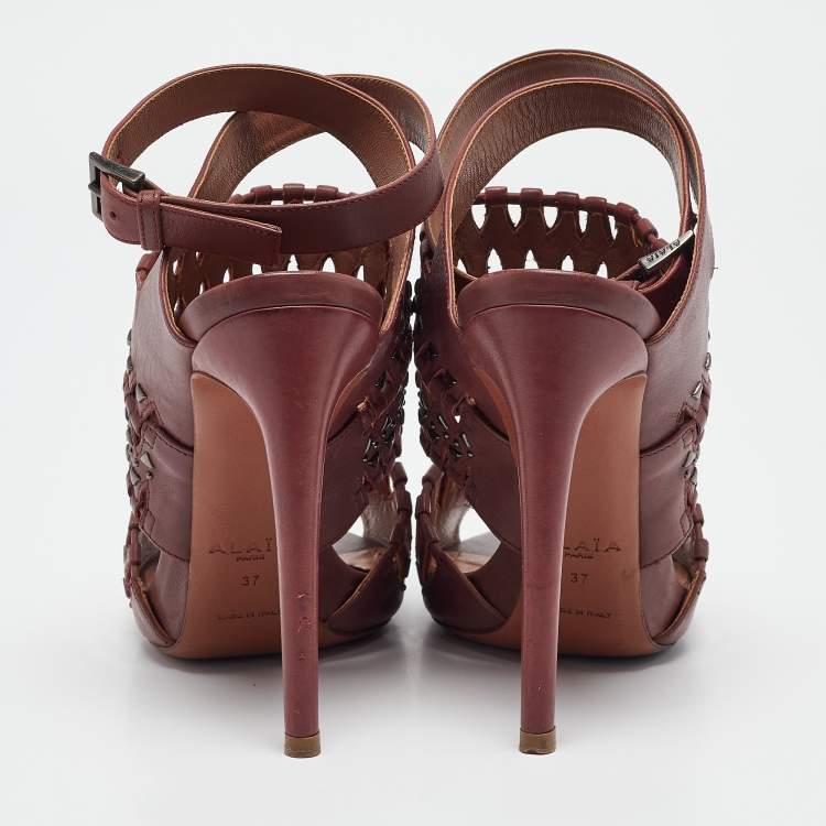 Pre Owned Alaia Burgundy Leather Studded and Laser Cut Ankle Strap Sandals Size 37