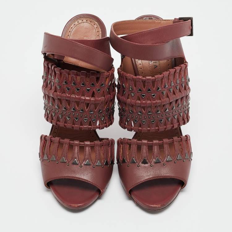 Pre Owned Alaia Burgundy Leather Studded and Laser Cut Ankle Strap Sandals Size 37