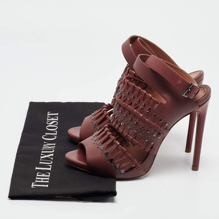 Pre Owned Alaia Burgundy Leather Studded and Laser Cut Ankle Strap Sandals Size 37