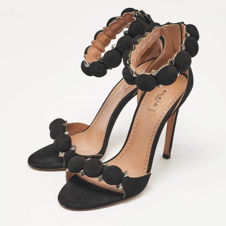 Pre Owned Alaia Black Suede Bombe Ankle Strap Sandals Size 36