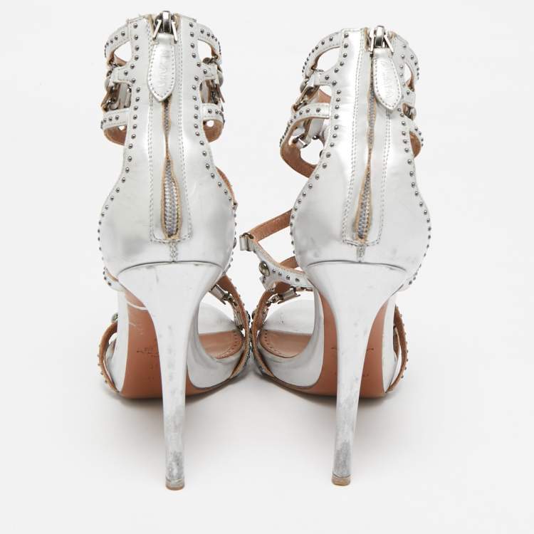 Pre Owned Alaia Silver Leather Cut Out Studded Ankle Strap Sandals Size 38.5
