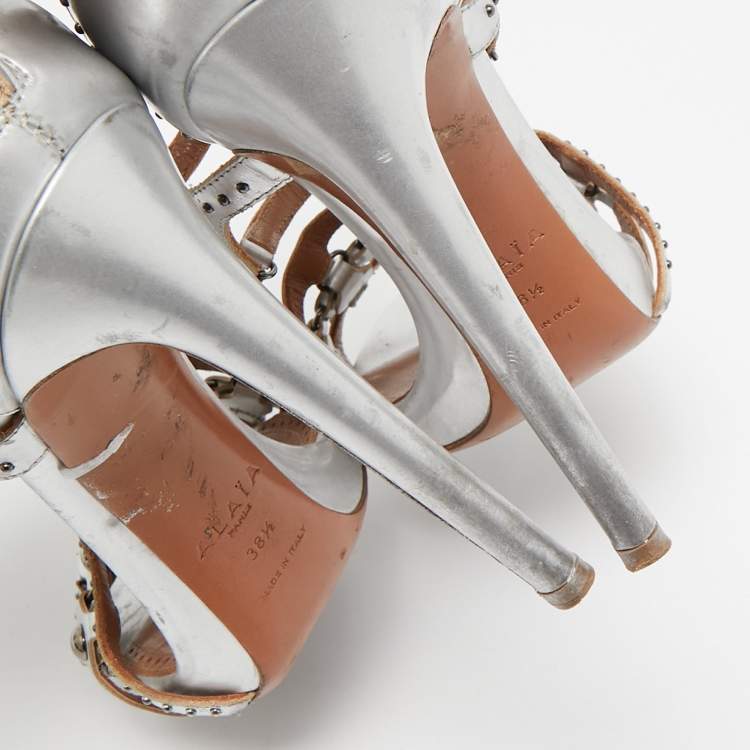 Pre Owned Alaia Silver Leather Cut Out Studded Ankle Strap Sandals Size 38.5